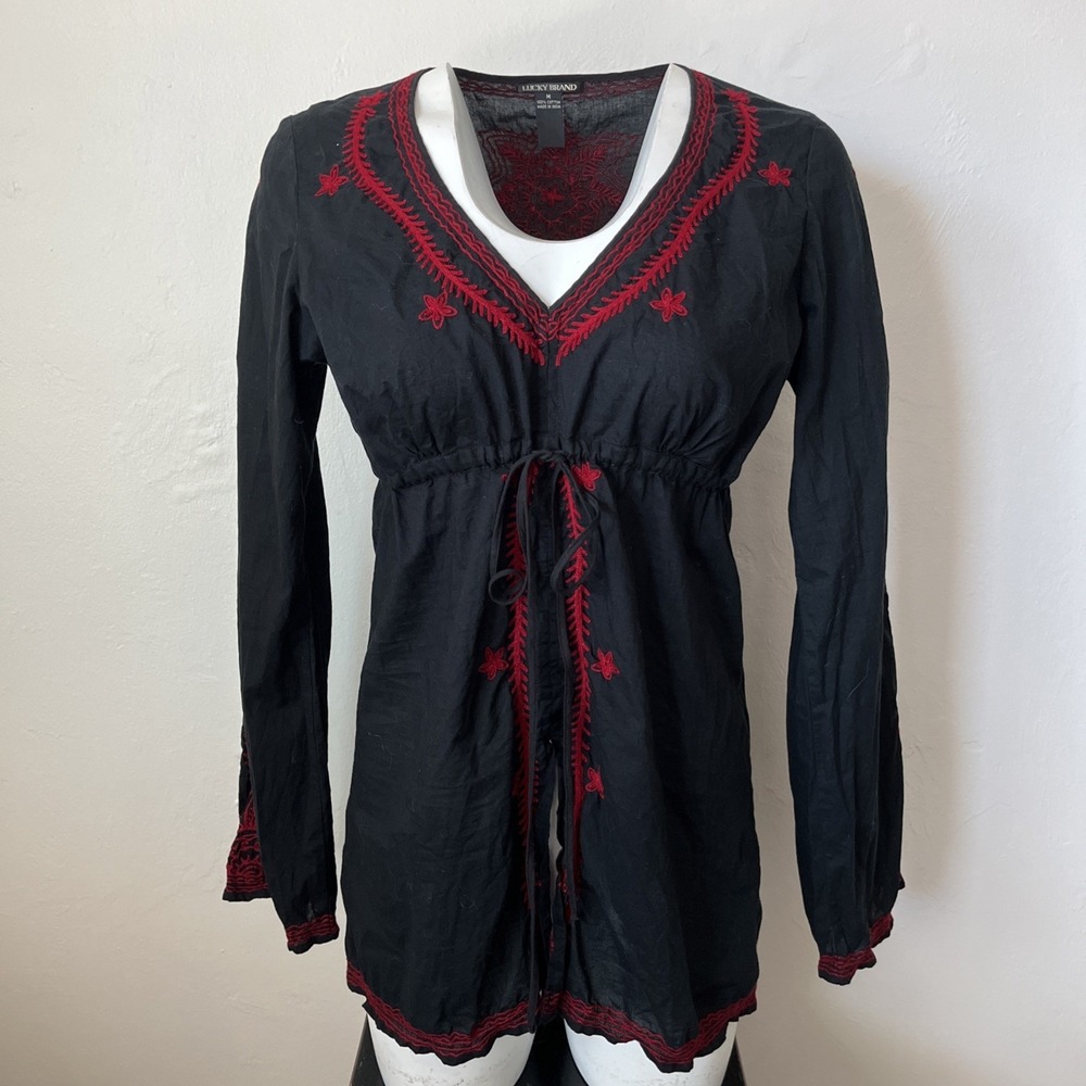 Lucky Brand Long Sleeve Tunic Blouse Women's M Red Embroidery Black 100% Cotton